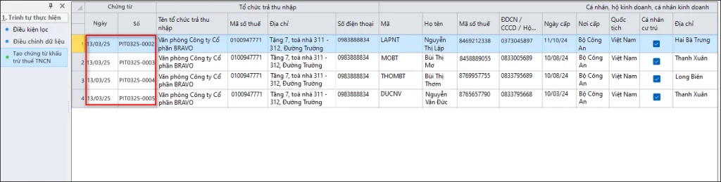 tạo Chứng từ khấu trừ thuế TNCN hàng loạt